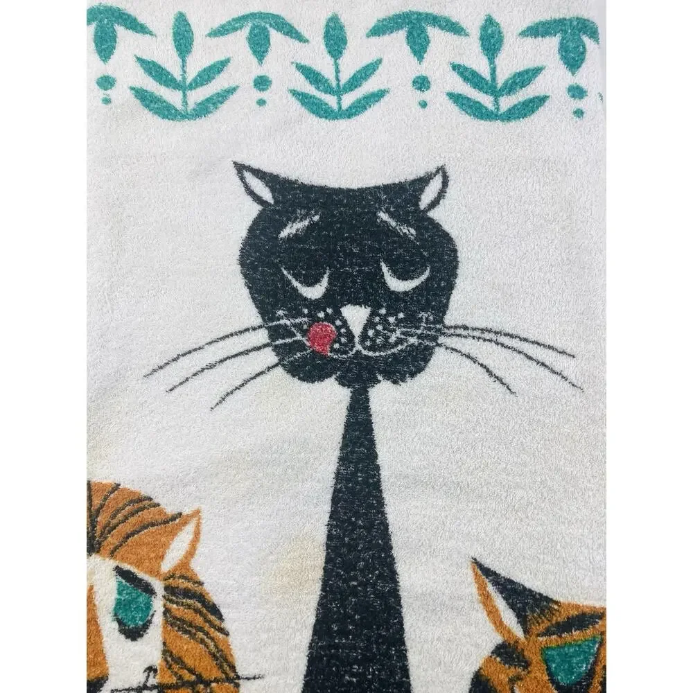 Vintage 1950s 60 Cannon Terry Beach Towel Tiger Pop Art Lion Graphic Black Cat O